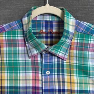 Alan Flusser Shirt L Green Yellow Blue Plaid Cotton Button Down Easter Preppy
